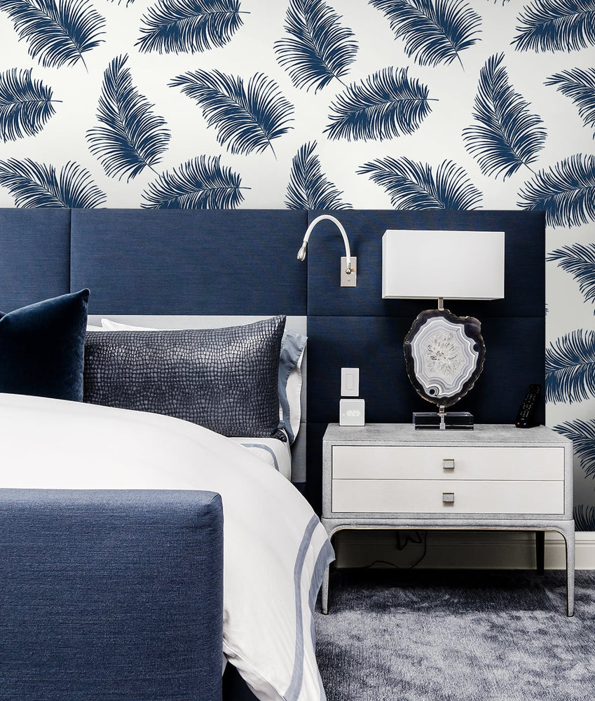 LN20312 tossed palm peel and stick removable wallpaper bedroom from the Luxe Haven collection by Lillian August