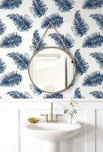 LN20312 tossed palm peel and stick removable wallpaper bathroom from the Luxe Haven collection by Lillian August