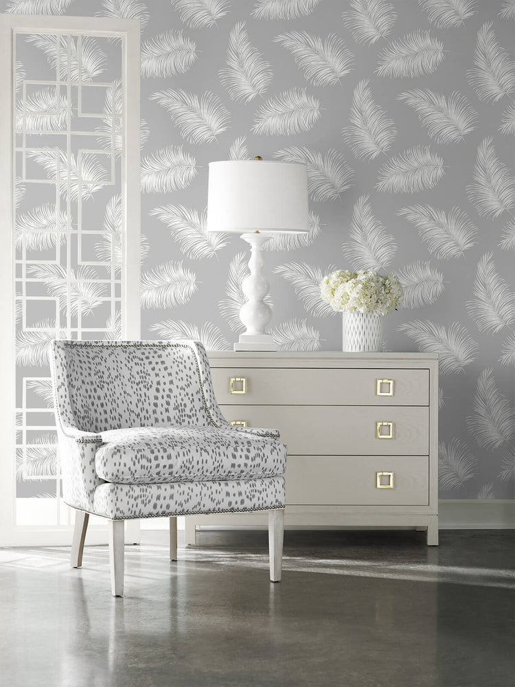 LN20315 tossed palm peel and stick removable wallpaper living room from the Luxe Haven collection by Lillian August