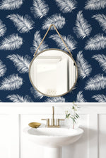 LN20322 tossed palm peel and stick removable wallpaper bathroom from the Luxe Haven collection by Lillian August