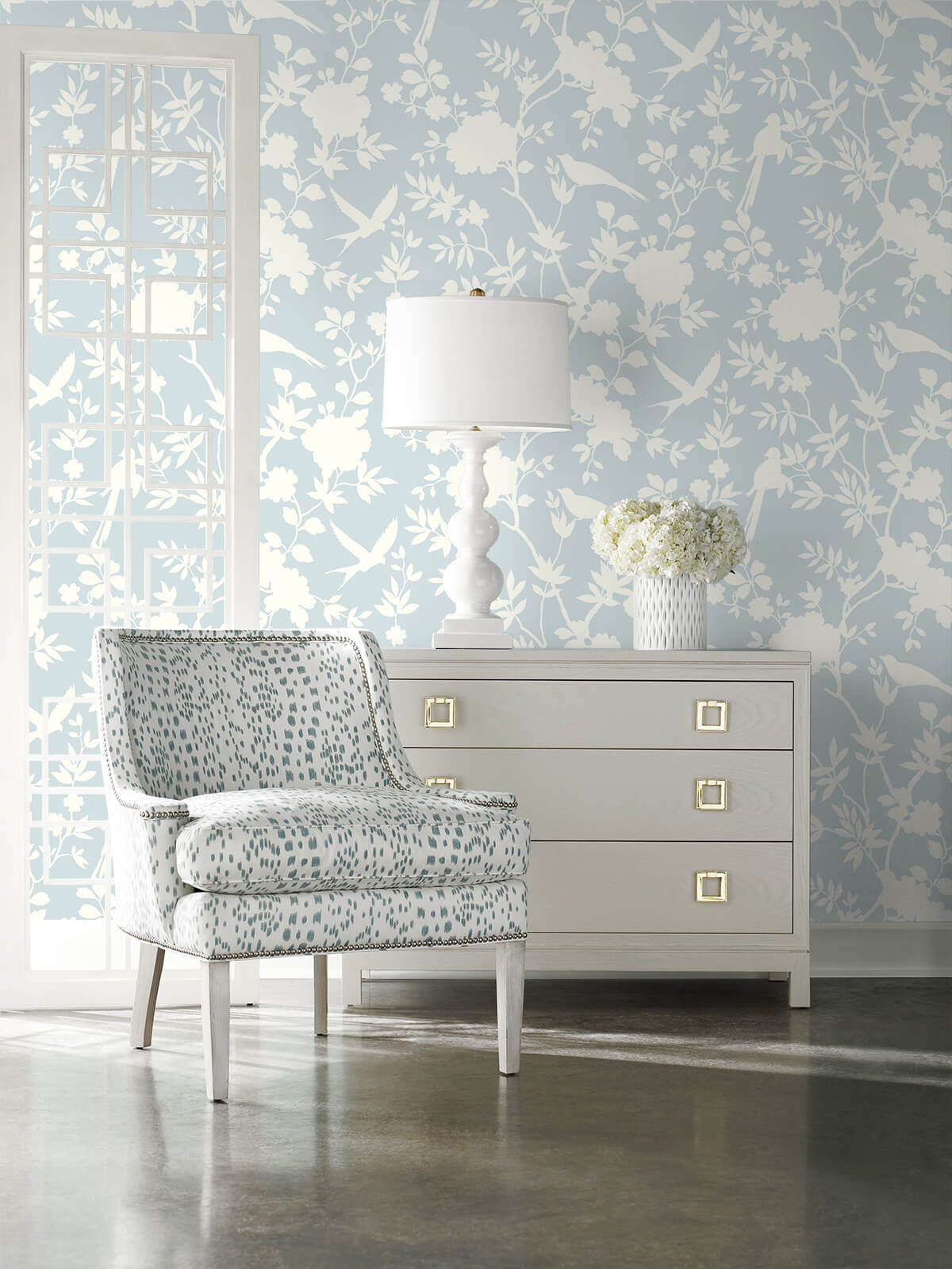 LN20502 mono toile chinoiserie peel and stick removable wallpaper living room from the Luxe Haven collection by Lillian August