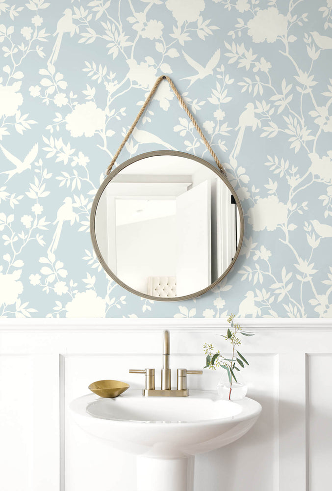 LN20502 mono toile chinoiserie peel and stick removable wallpaper powder room from the Luxe Haven collection by Lillian August