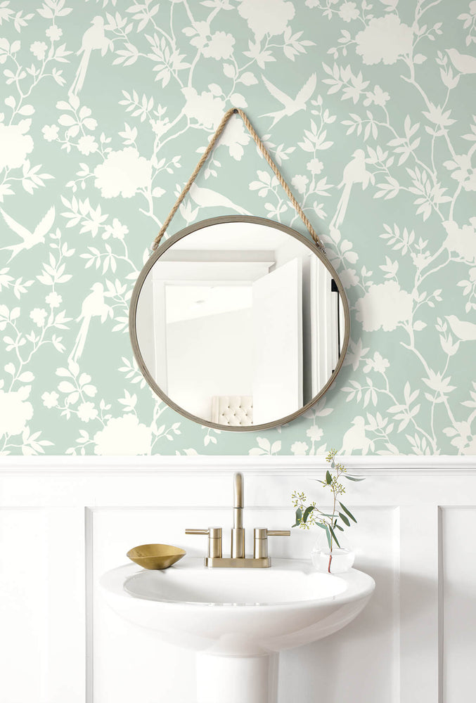 LN20504 mono toile chinoiserie peel and stick removable wallpaper bathroom from the Luxe Haven collection by Lillian August