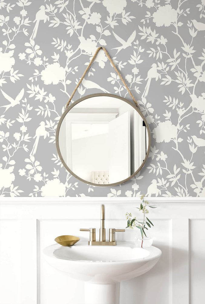 LN20505 mono toile chinoiserie peel and stick removable wallpaper powder room from the Luxe Haven collection by Lillian August