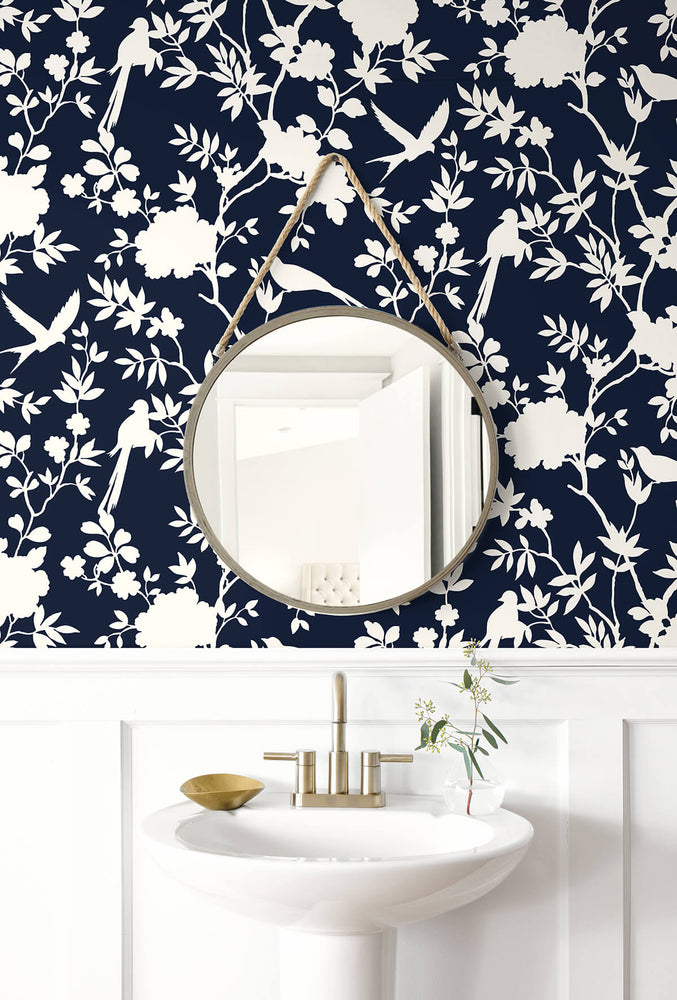 LN20522 mono toile chinoiserie peel and stick removable wallpaper bathroom from the Luxe Haven collection by Lillian August