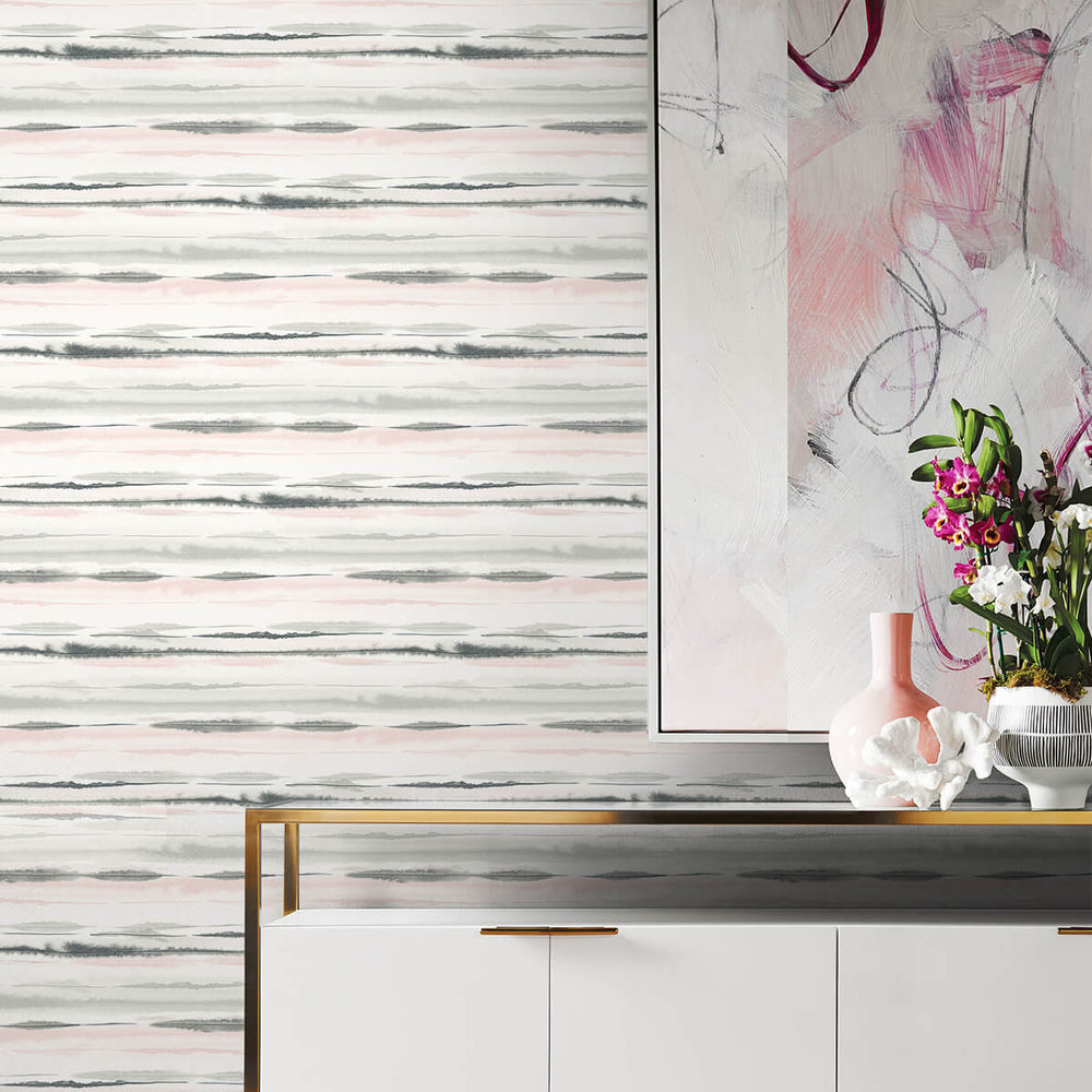 LN20601 horizon stripe abstract peel and stick wallpaper living room from the Luxe Haven collection by Lillian August