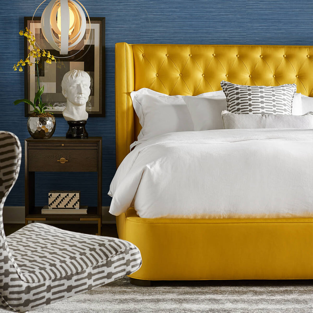 LN20802 Luxe sisal faux grasscloth peel and stick wallpaper bedroom from the Luxe Haven collection by Lillian August