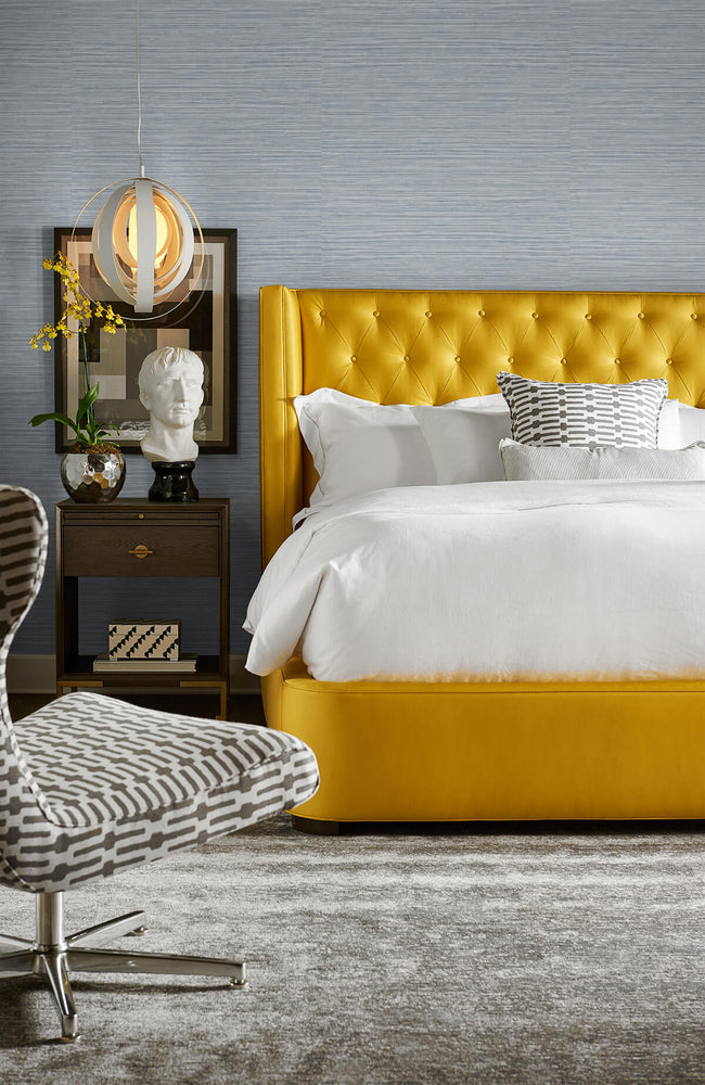 LN20812 Luxe sisal faux grasscloth peel and stick wallpaper bedroom from the Luxe Haven collection by Lillian August