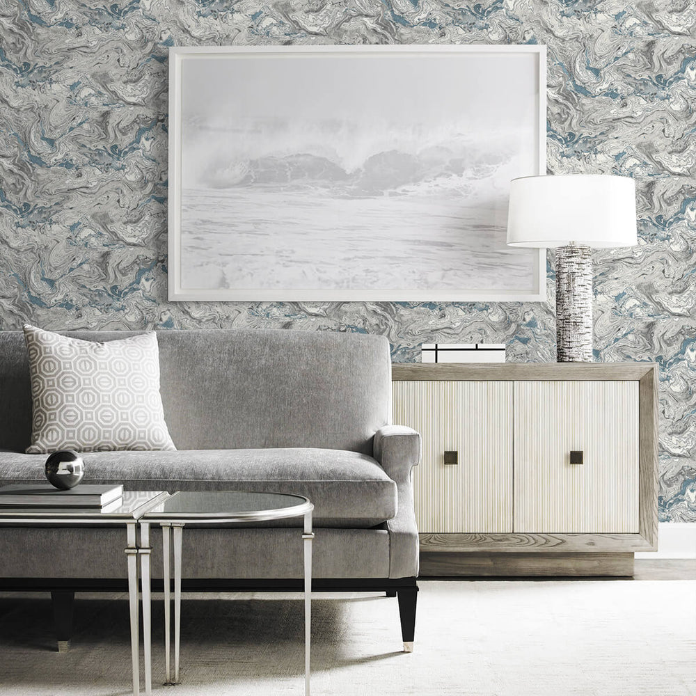 LN21002 faux marble peel and stick removable wallpaper living room from the Luxe Haven collection by Lillian August