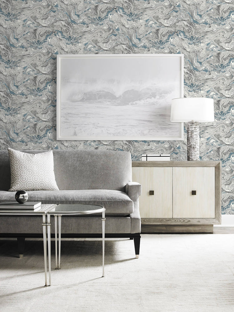 LN21002 faux marble peel and stick removable wallpaper living room from the Luxe Haven collection by Lillian August