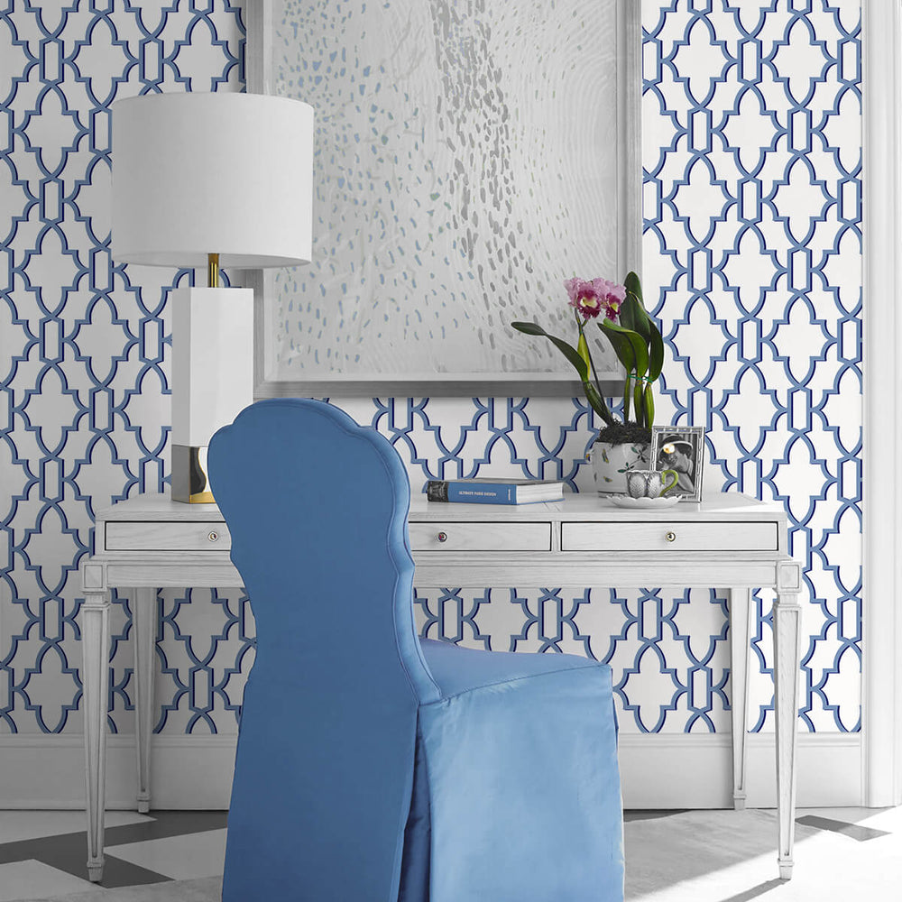 LN21102 coastal lattice peel and stick wallpaper office from the Luxe Haven collection by Lillian August