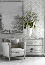 LN21104 coastal lattice peel and stick wallpaper living room from the Luxe Haven collection by Lillian August