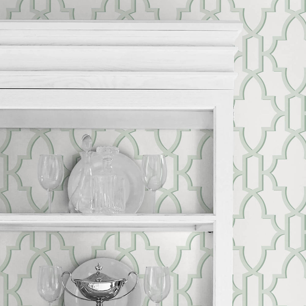 
                  
                    LN21104 coastal lattice peel and stick wallpaper china cabinet from the Luxe Haven collection by Lillian August
                  
                