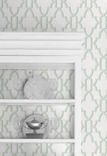 LN21104 coastal lattice peel and stick wallpaper china cabinet from the Luxe Haven collection by Lillian August