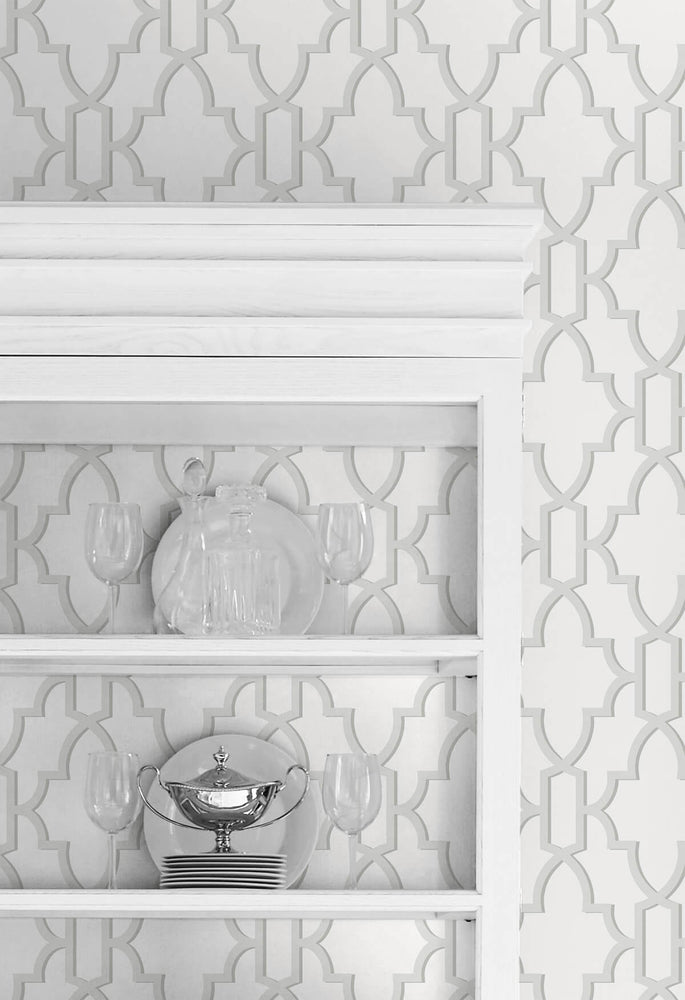 LN21105 coastal lattice peel and stick wallpaper china cabinet from the Luxe Haven collection by Lillian August