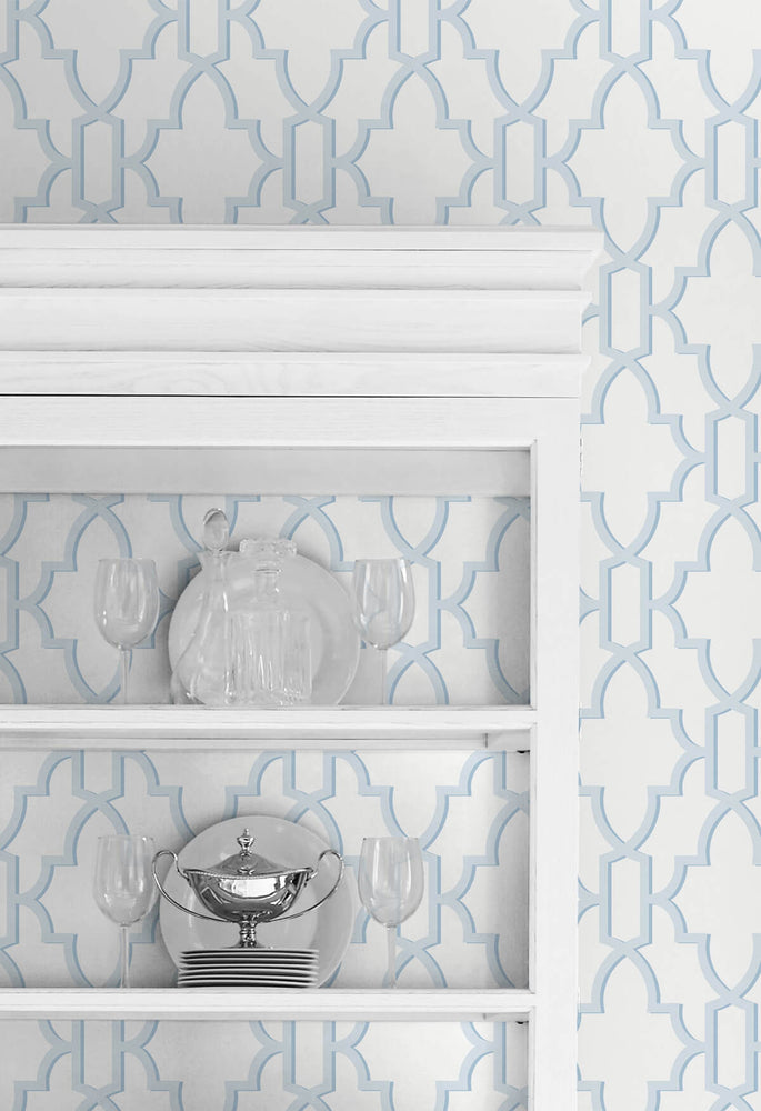 LN21112 coastal lattice peel and stick wallpaper china cabinet from the Luxe Haven collection by Lillian August