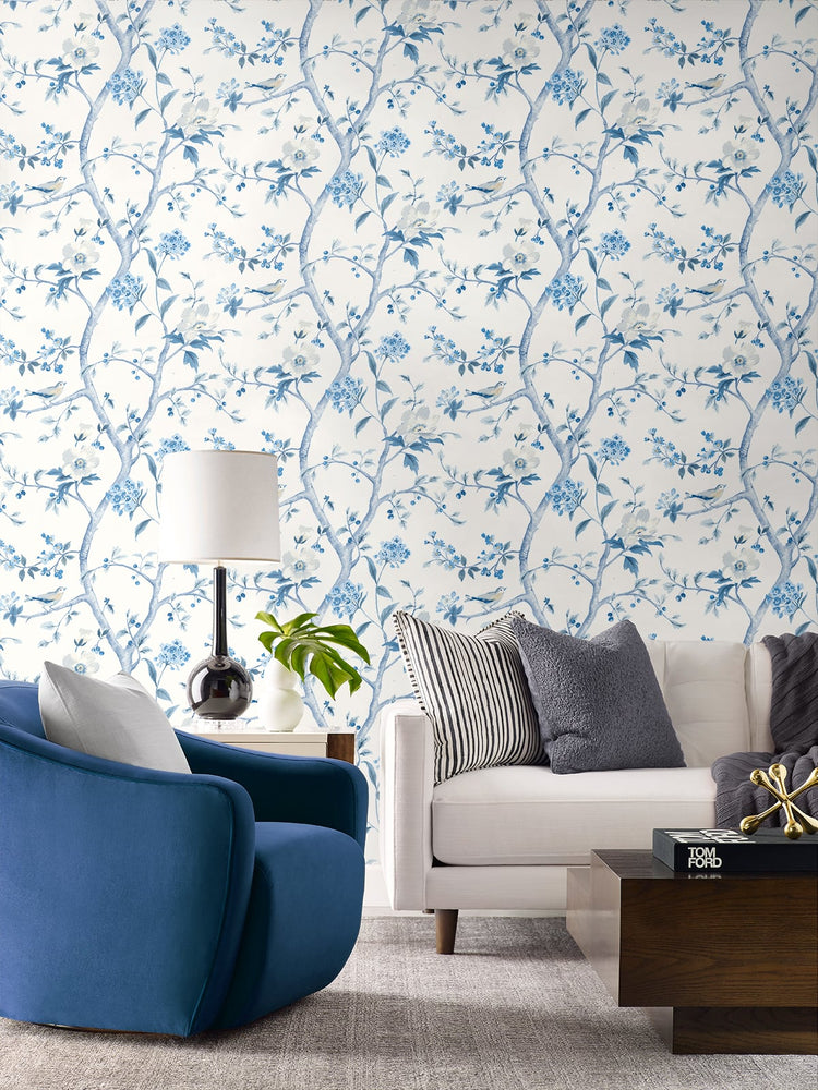 LN21302 floral trail chinoiserie peel and stick wallpaper living room from the Luxe Haven collection by Lillian August