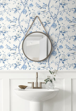 LN21302 floral trail chinoiserie peel and stick wallpaper bathroom from the Luxe Haven collection by Lillian August