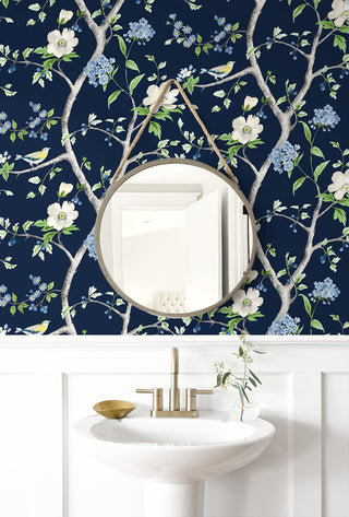 LN21312 floral trail chinoiserie peel and stick wallpaper bathroom from the Luxe Haven collection by Lillian August