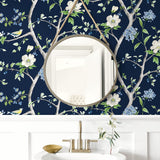 LN21312 floral trail chinoiserie peel and stick wallpaper bathroom from the Luxe Haven collection by Lillian August