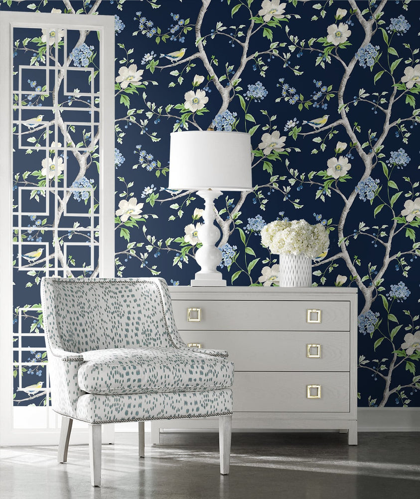 LN21312 floral trail chinoiserie peel and stick wallpaper living room from the Luxe Haven collection by Lillian August