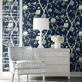 LN21312 floral trail chinoiserie peel and stick wallpaper living room from the Luxe Haven collection by Lillian August