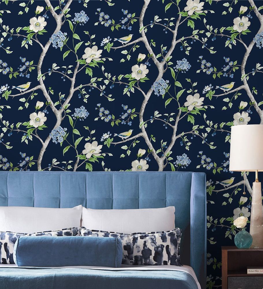 LN21312 floral trail chinoiserie peel and stick wallpaper bedroom from the Luxe Haven collection by Lillian August