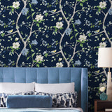 LN21312 floral trail chinoiserie peel and stick wallpaper bedroom from the Luxe Haven collection by Lillian August