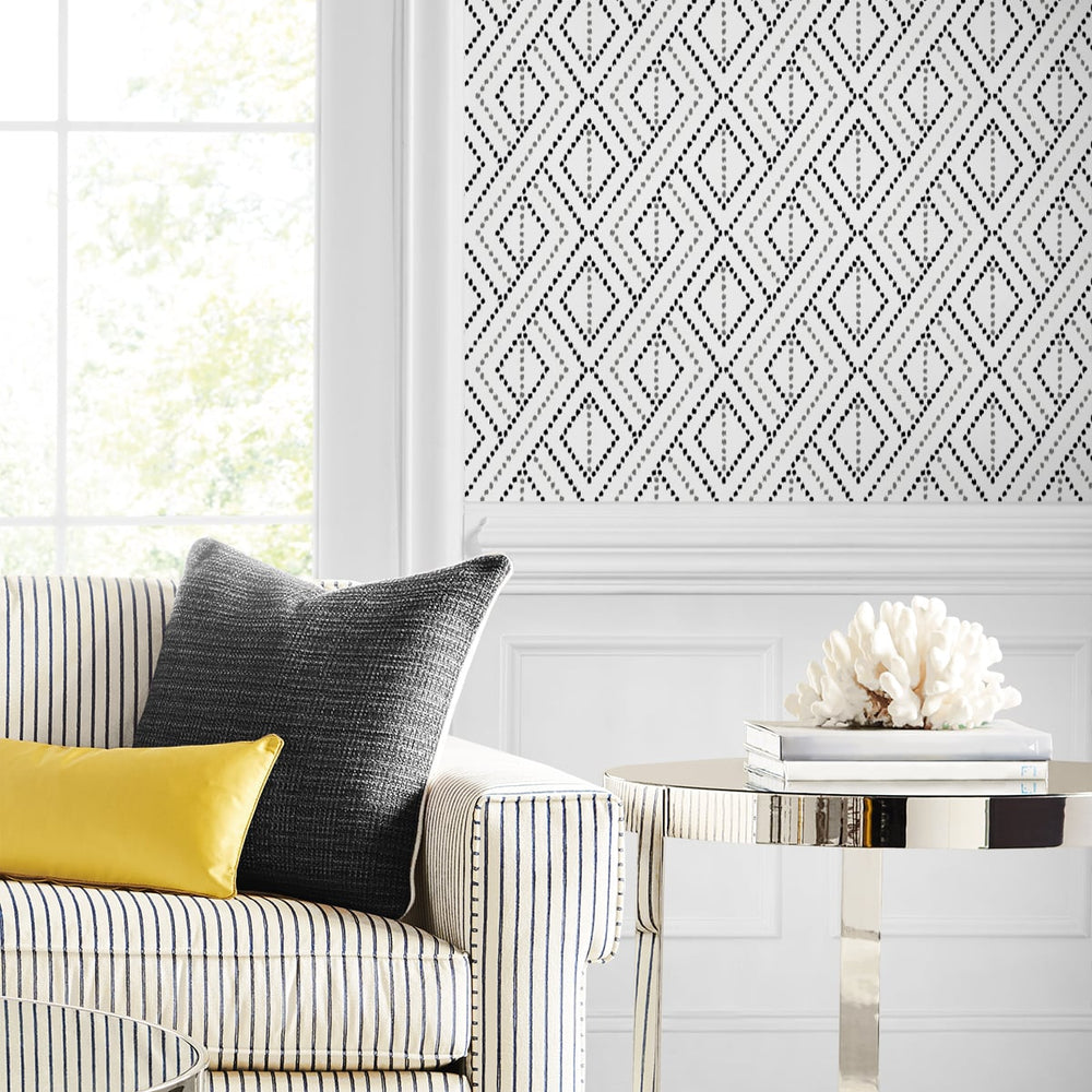 LN30200 boho grid geometric peel and stick removable wallpaper living room from the Luxe Haven collection by Lillian August