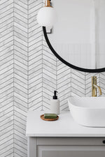 LN30400 marbled chevron faux peel and stick wallpaper bathroom from the Luxe Haven collection by Lillian August