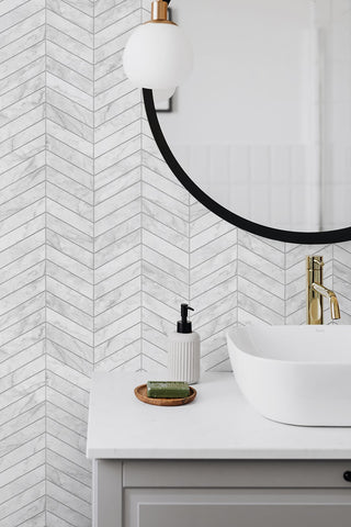 LN30408 marbled chevron faux peel and stick wallpaper bathroom from the Luxe Haven collection by Lillian August