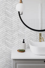 LN30408 marbled chevron faux peel and stick wallpaper bathroom from the Luxe Haven collection by Lillian August