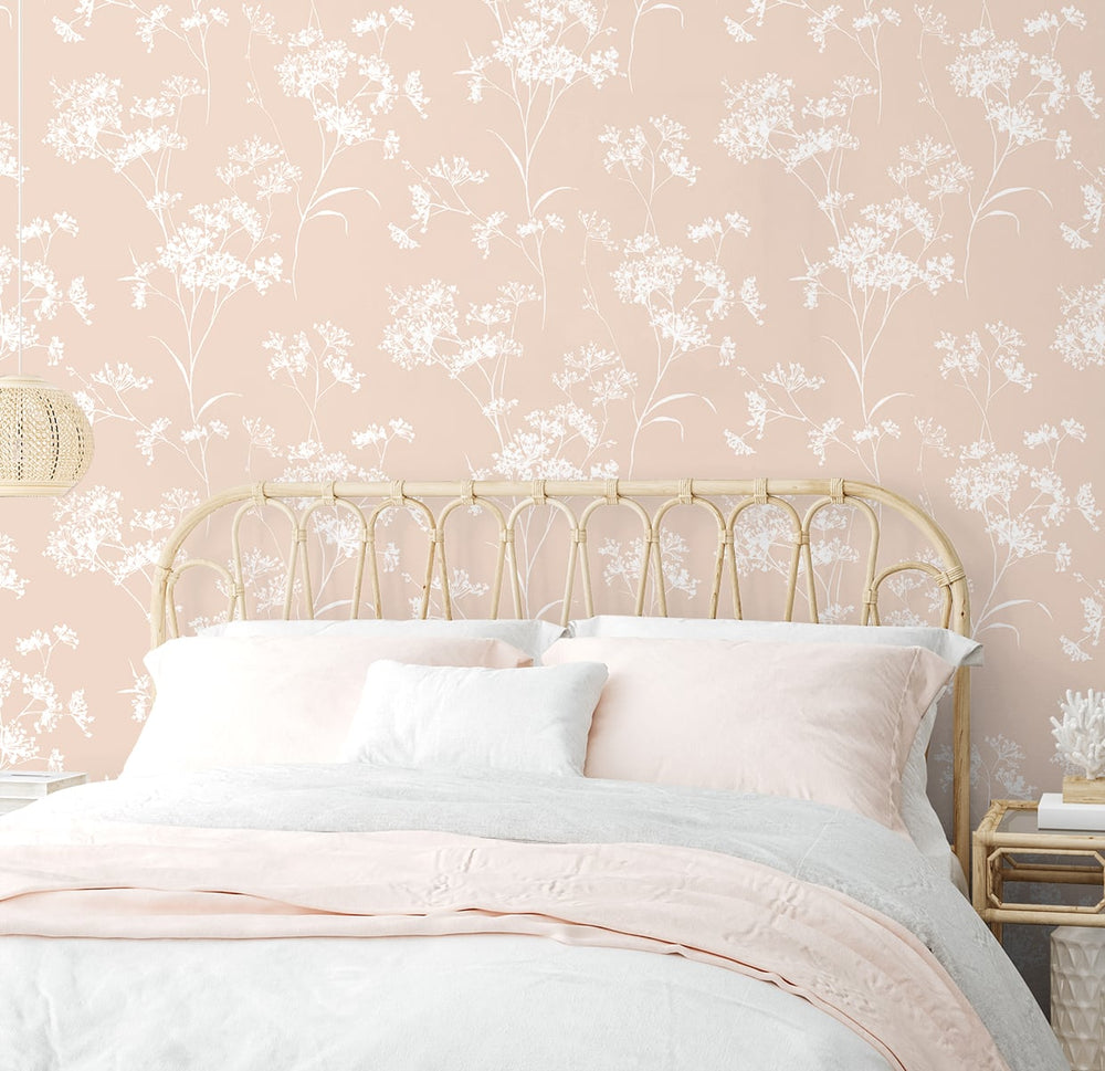 LN30501 floral mist peel and stick removable wallpaper bedroom from the Luxe Haven collection by Lillian August