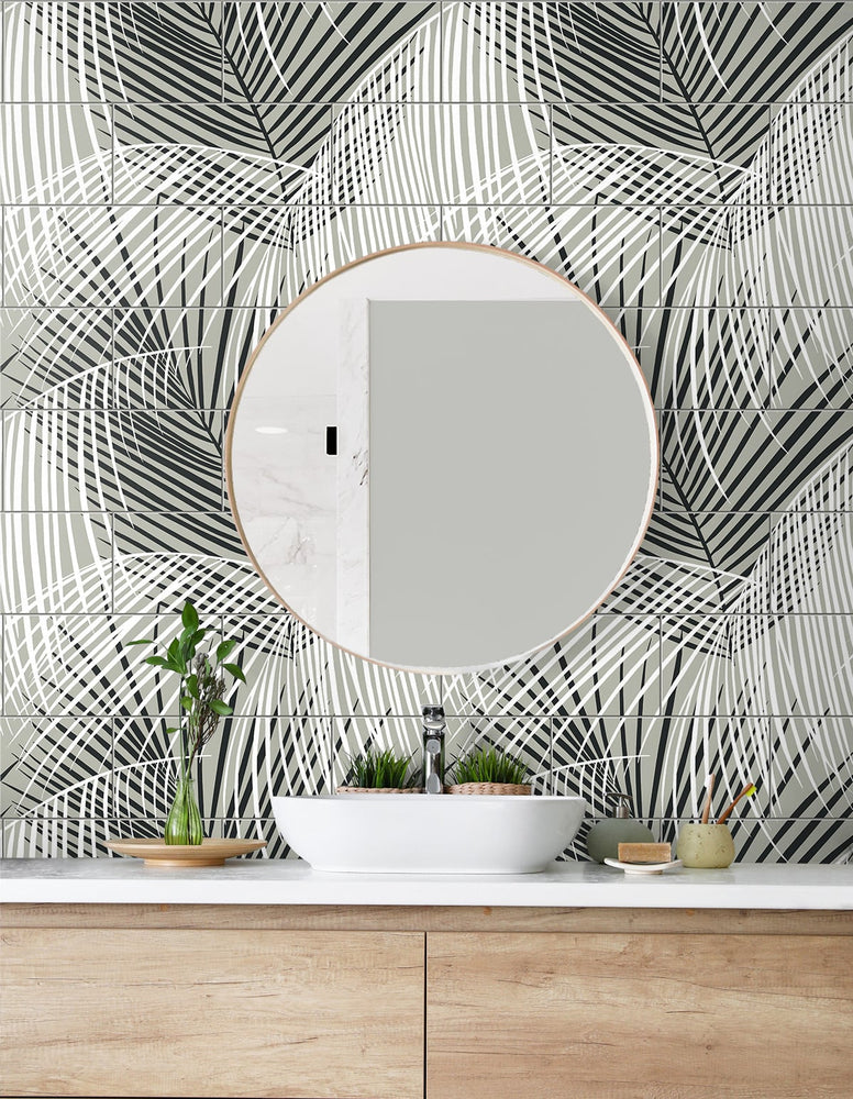 Palm tile peel and stick wallpaper bathroom LN30700 from the Luxe Haven collection by Lillian August