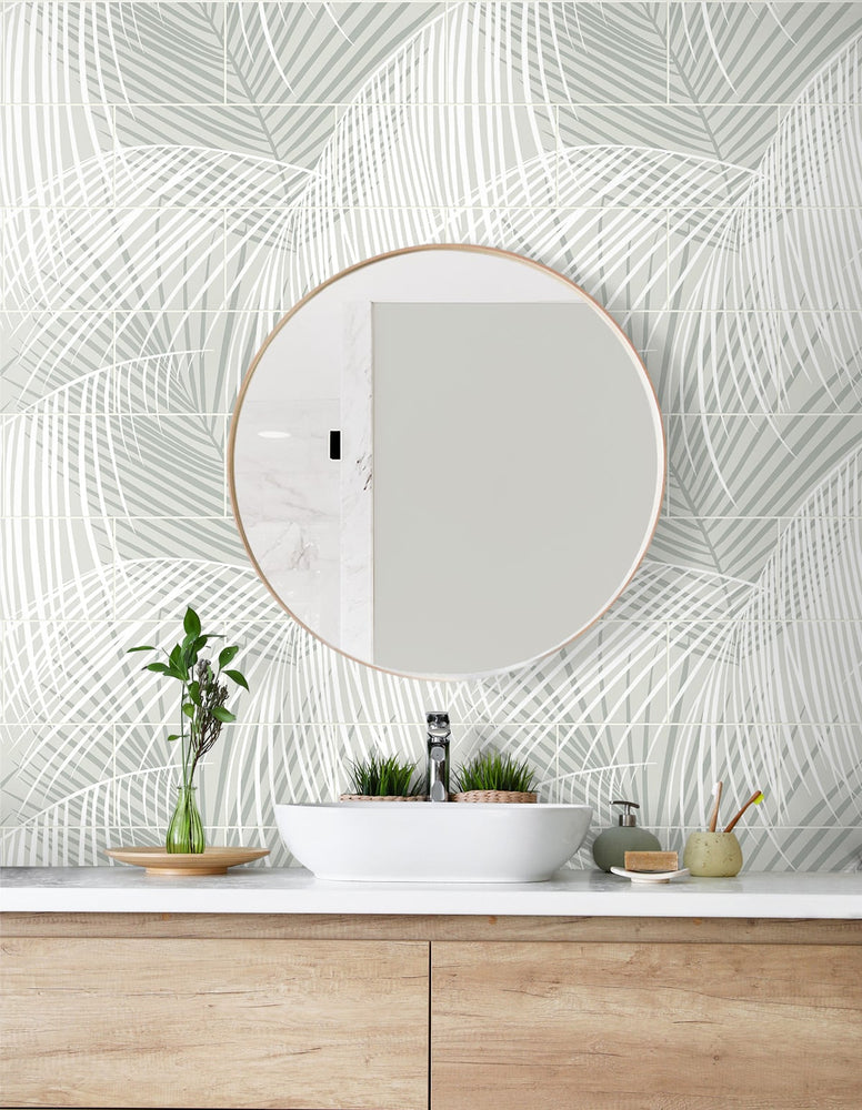 Palm tile peel and stick wallpaper bathroom LN30708 from the Luxe Haven collection by Lillian August