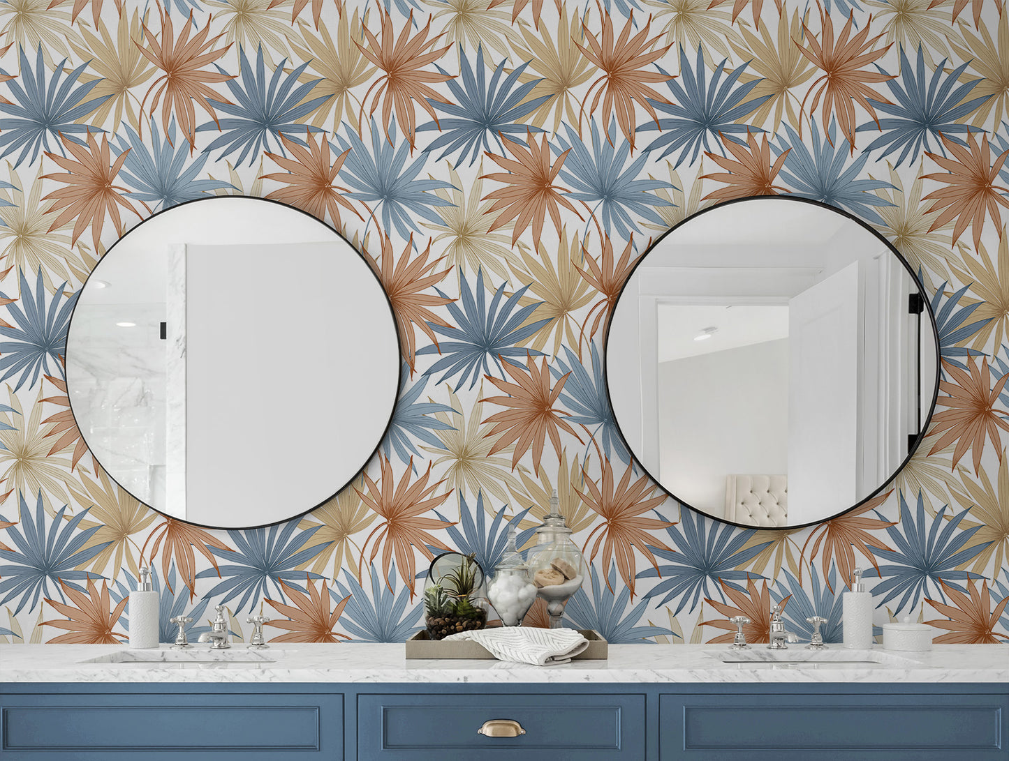 LN31001 palm leaf peel and stick wallpaper bathroom from Lillian August