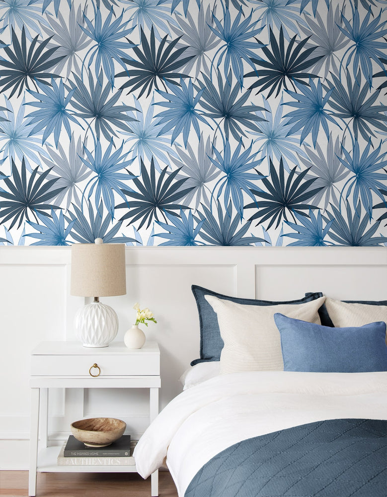 LN31002 palm leaf peel and stick wallpaper bedroom from Lillian August