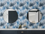 LN31002 palm leaf peel and stick wallpaper bathroom from Lillian August