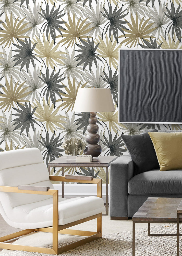 LN31006 palm leaf peel and stick wallpaper living room from Lillian August