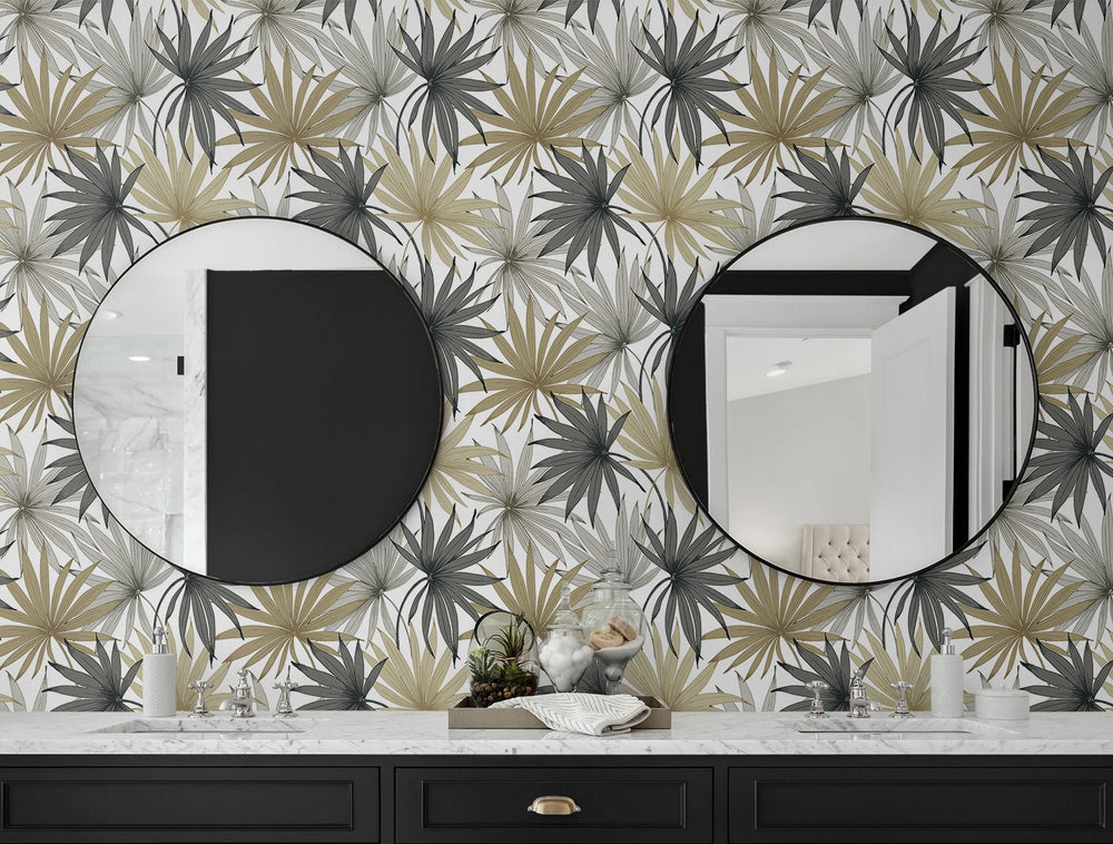 LN31006 palm leaf peel and stick wallpaper bathroom from Lillian August