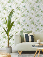 LN31104 watercolor leaf peel and stick wallpaper living room from Lillian August