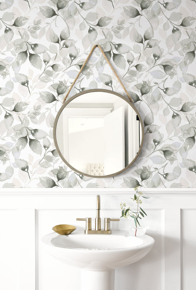 LN31110 watercolor leaf peel and stick wallpaper bathroom from Lillian August