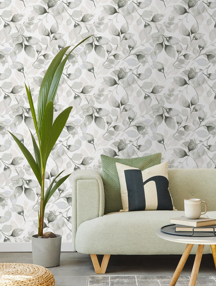 LN31110 watercolor leaf peel and stick wallpaper living room from Lillian August