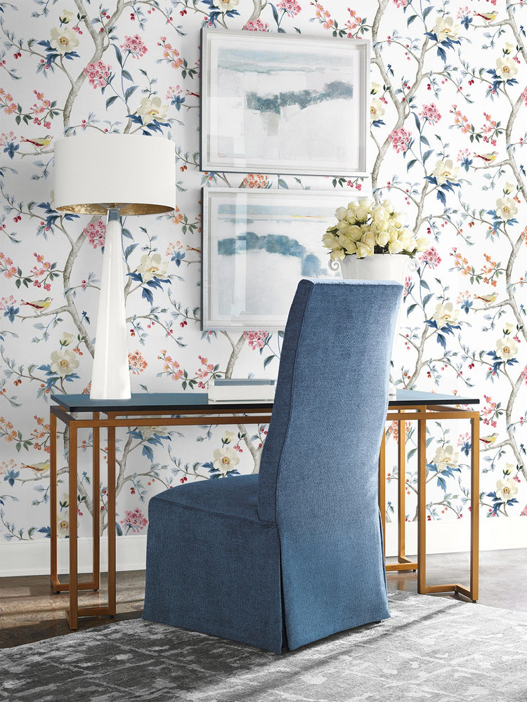 LN40001 chinoiserie bird wallpaper entryway vinyl from the Coastal Haven collection by Lillian August