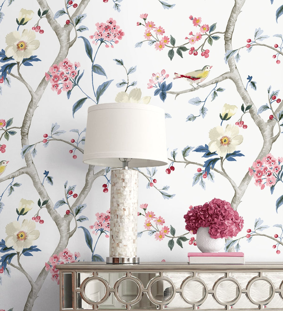 LN40001 chinoiserie bird wallpaper decor vinyl from the Coastal Haven collection by Lillian August