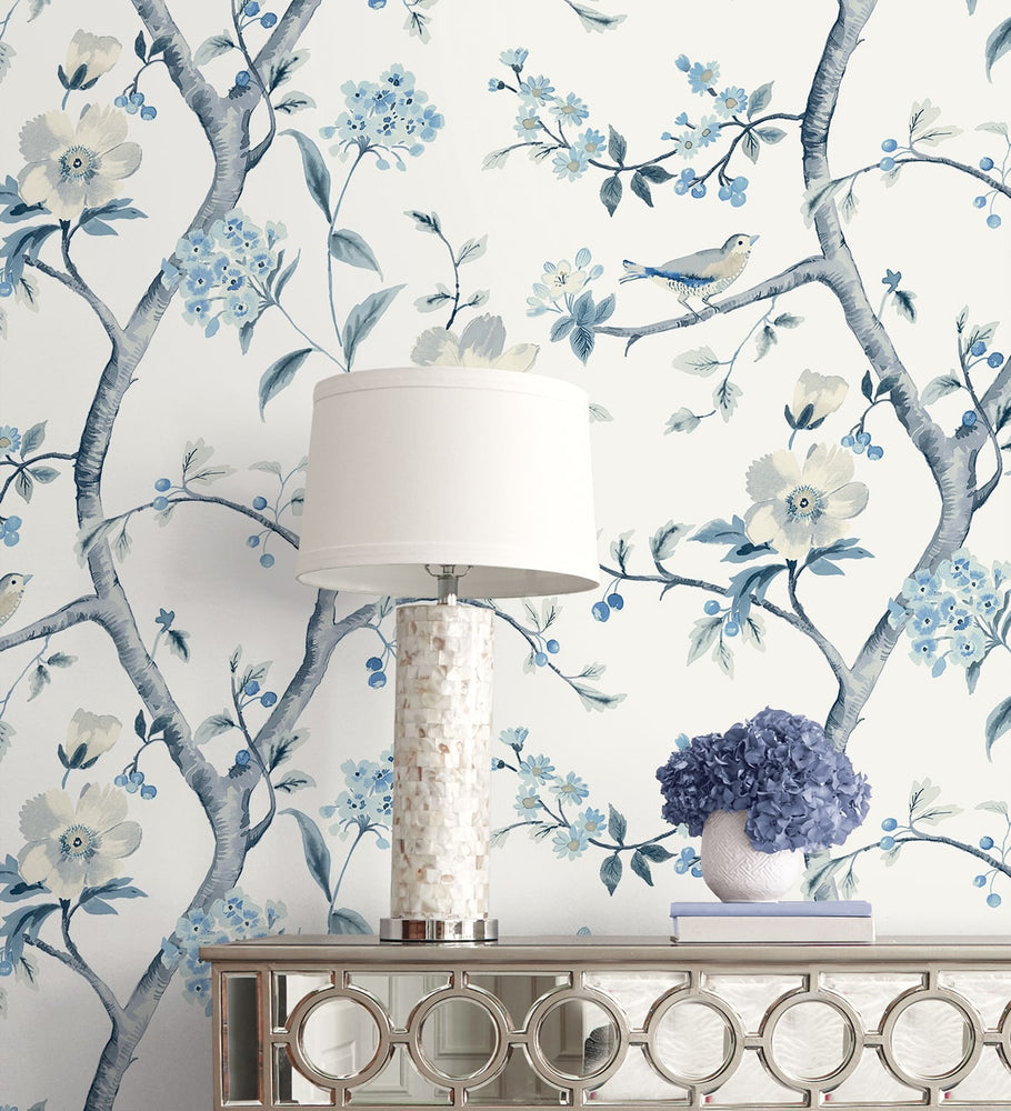 LN40002 chinoiserie bird wallpaper decor vinyl from the Coastal Haven collection by Lillian August