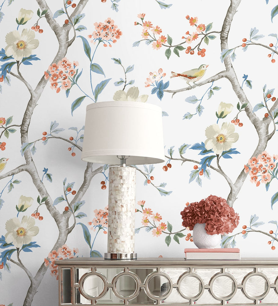 LN40006 chinoiserie bird wallpaper decor vinyl from the Coastal Haven collection by Lillian August