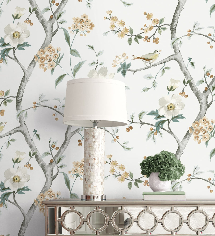 LN40008 chinoiserie bird wallpaper decor vinyl from the Coastal Haven collection by Lillian August