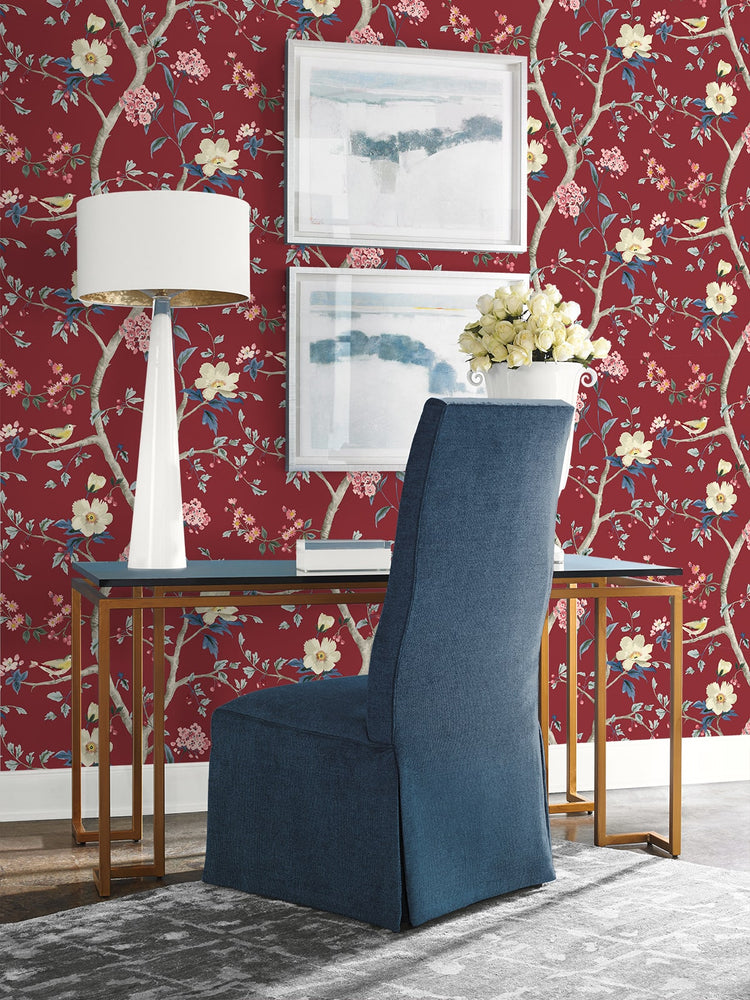 LN40011 chinoiserie bird wallpaper entryway vinyl from the Coastal Haven collection by Lillian August