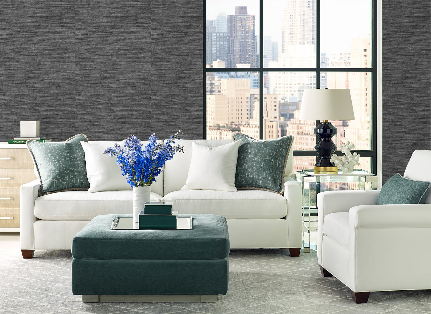 LN40400 faux sisal vinyl wallpaper living room from the Coastal Haven collection by Lillian August